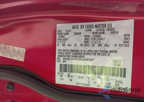 2006 Mercury Mountaineer Luxury z USA, uszkodzony, nr VIN 4M2EU47E36UJ05727